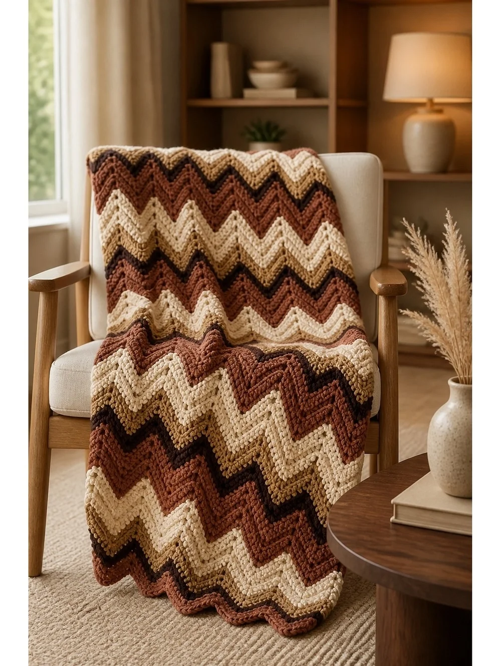 Hand Crocheted Chevron Afghan Throw Blanket Brown Cream Black 64” x 43” Handmade